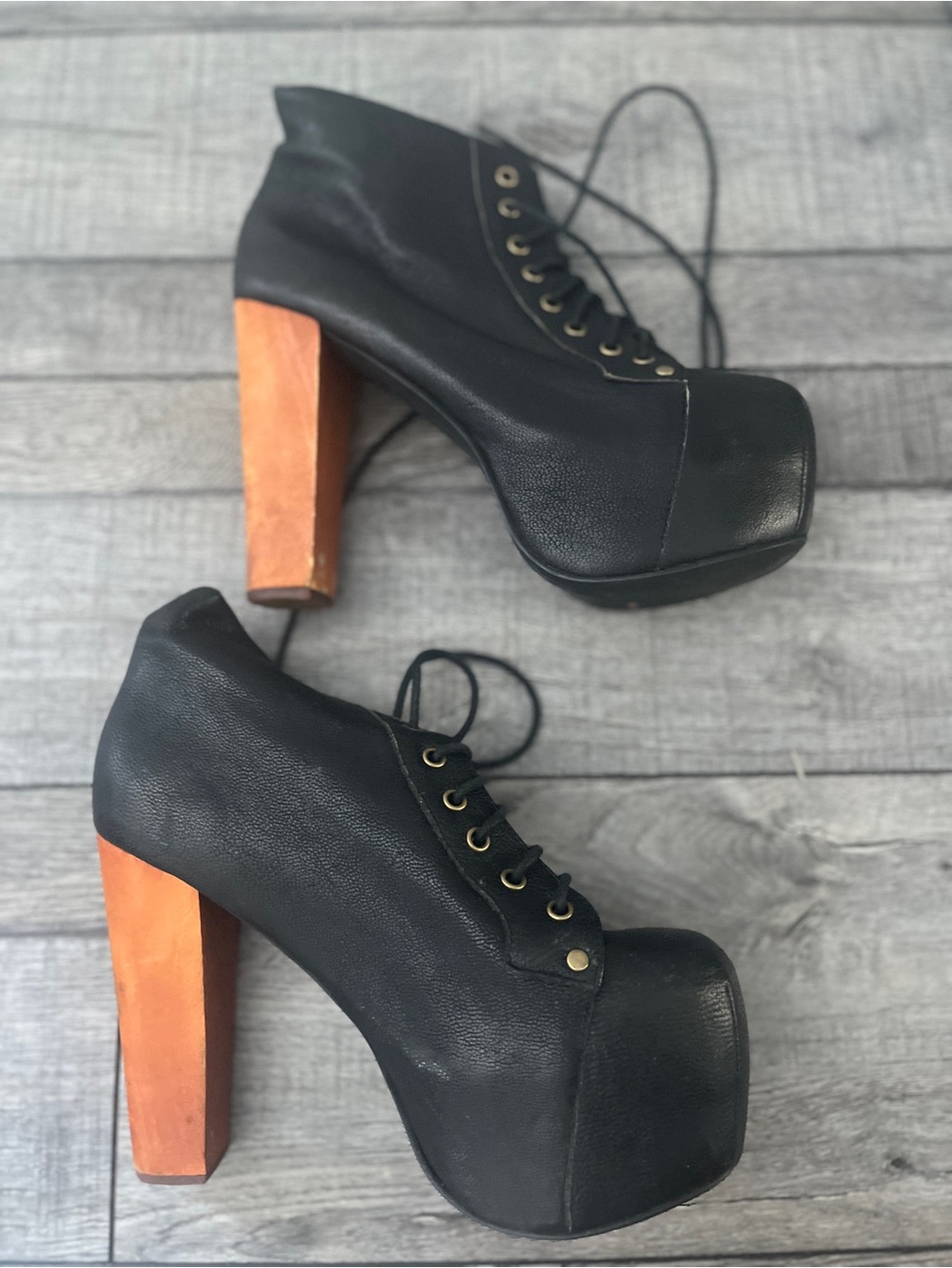 Jeffrey Campbell iconic Lita black Platform Lace-Up Heels Wood Block Heel